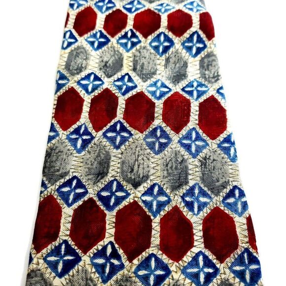 Preswick & Moore Tan Red Blue Geometric Print Wide Silk Tie - Picture 2 of 5
